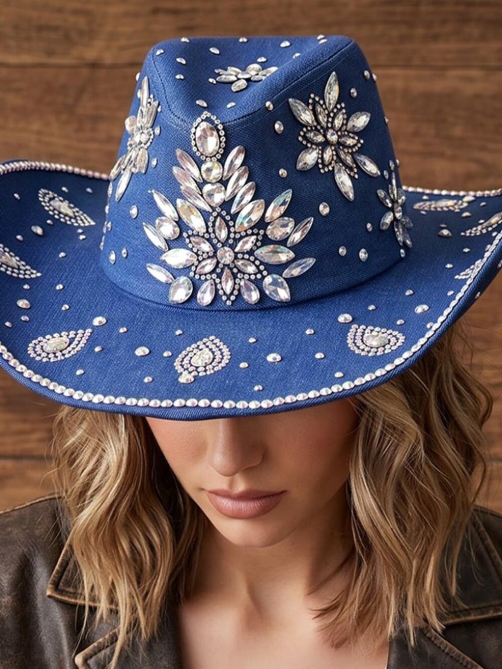 Denim Blue Floral Bling Rhinestone Embellished Western Cowgirl Cowboy Hat